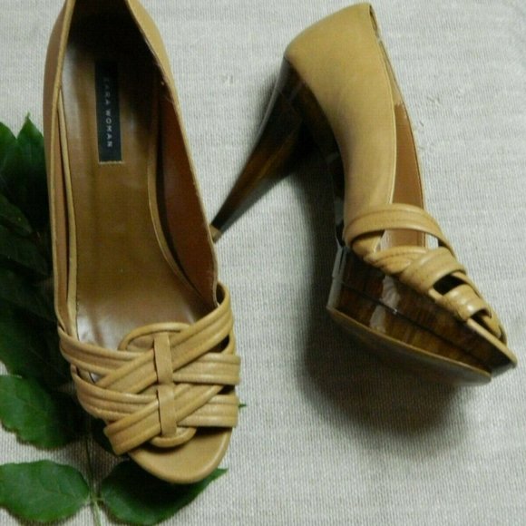 ZARA Heels Beige Tortoiseshell Peep Toe Platform Sexy Shoes Size 10 - Picture 9 of 10